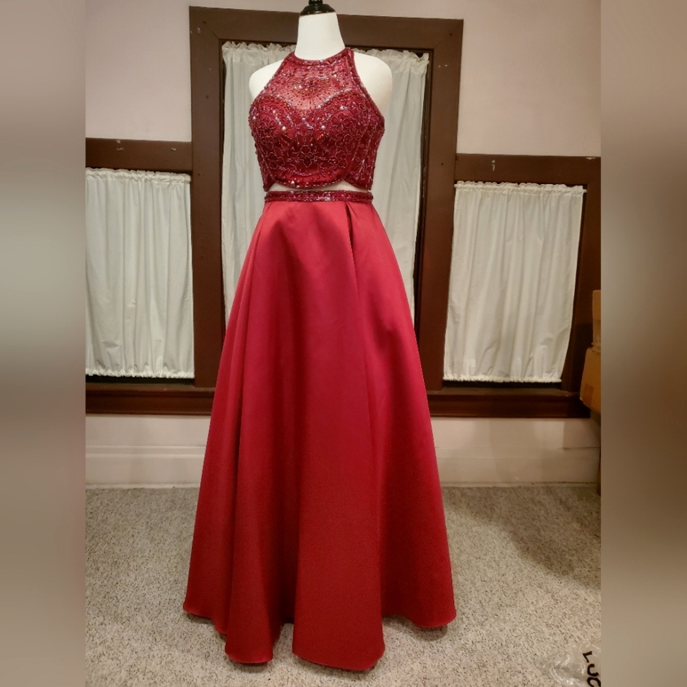 Burgandy Beaded Halter Two Piece Gown